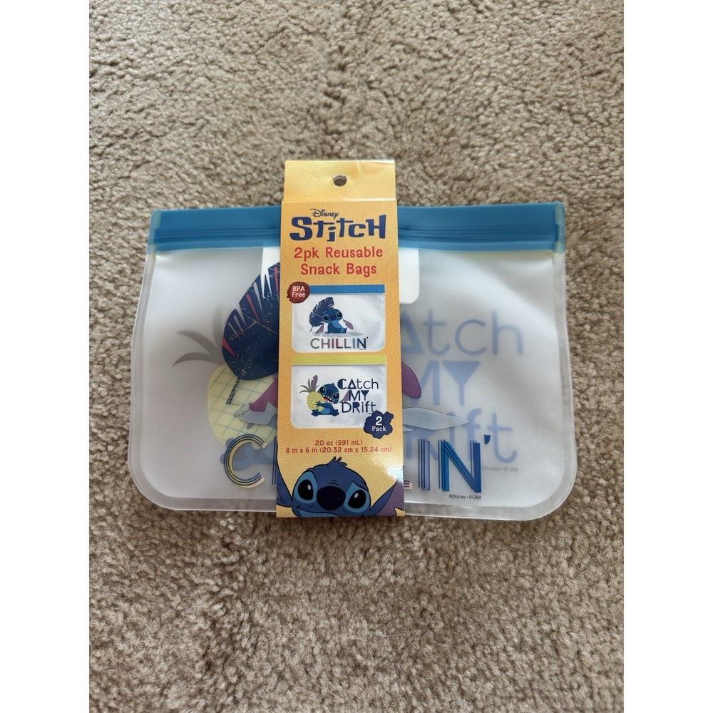 Disney Stitch Blue Clear Home Reusable Lunch Box Snack Bags 2 Pk